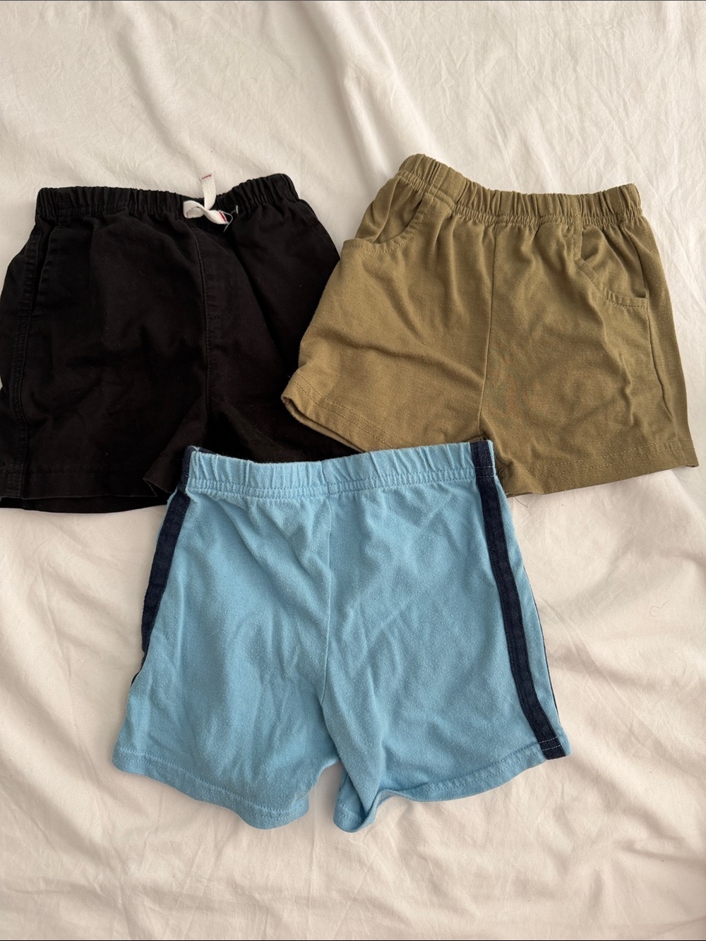 Kids Elastic Waist Shorts - Black, Olive, and Light Blue